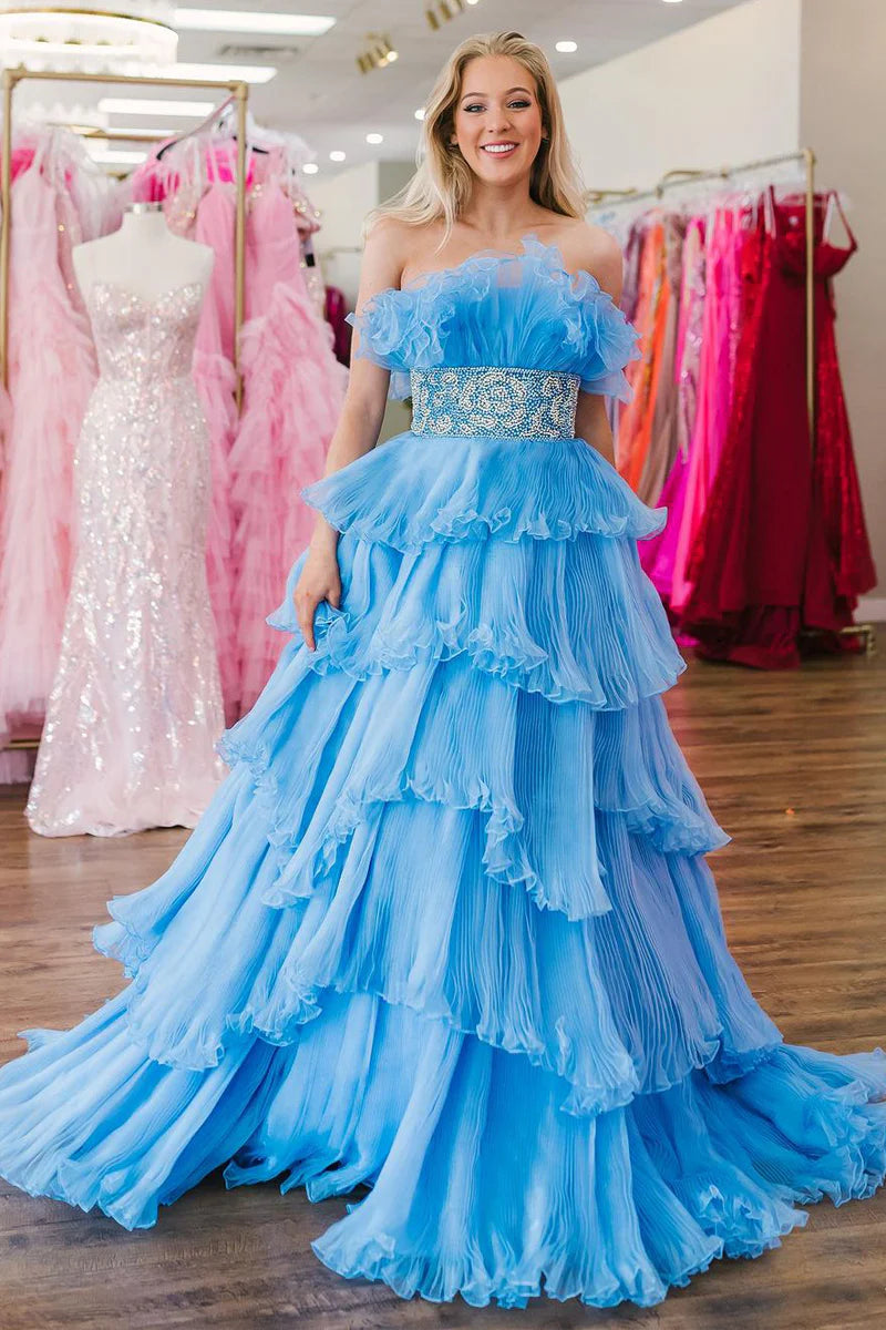 Strapless Organza Ball Gown Long Prom Dresses with Beading